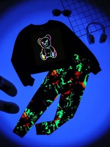 SHEIN Tween Girl Reflective Cartoon Graphic Pullover & Splash Print Leggings, Neon Glow Party Outfit - Black - View 1