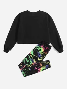 SHEIN Tween Girl Reflective Cartoon Graphic Pullover & Splash Print Leggings, Neon Glow Party Outfit - Black - View 2