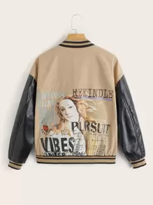Muchica Figure & Letter Graphic Drop Shoulder Two Tone Varsity Jacket - Khaki - View 1