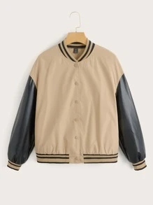 Muchica Figure & Letter Graphic Drop Shoulder Two Tone Varsity Jacket - Khaki - View 2