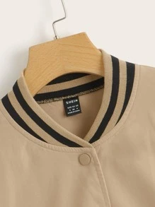Muchica Figure & Letter Graphic Drop Shoulder Two Tone Varsity Jacket - Khaki - View 3
