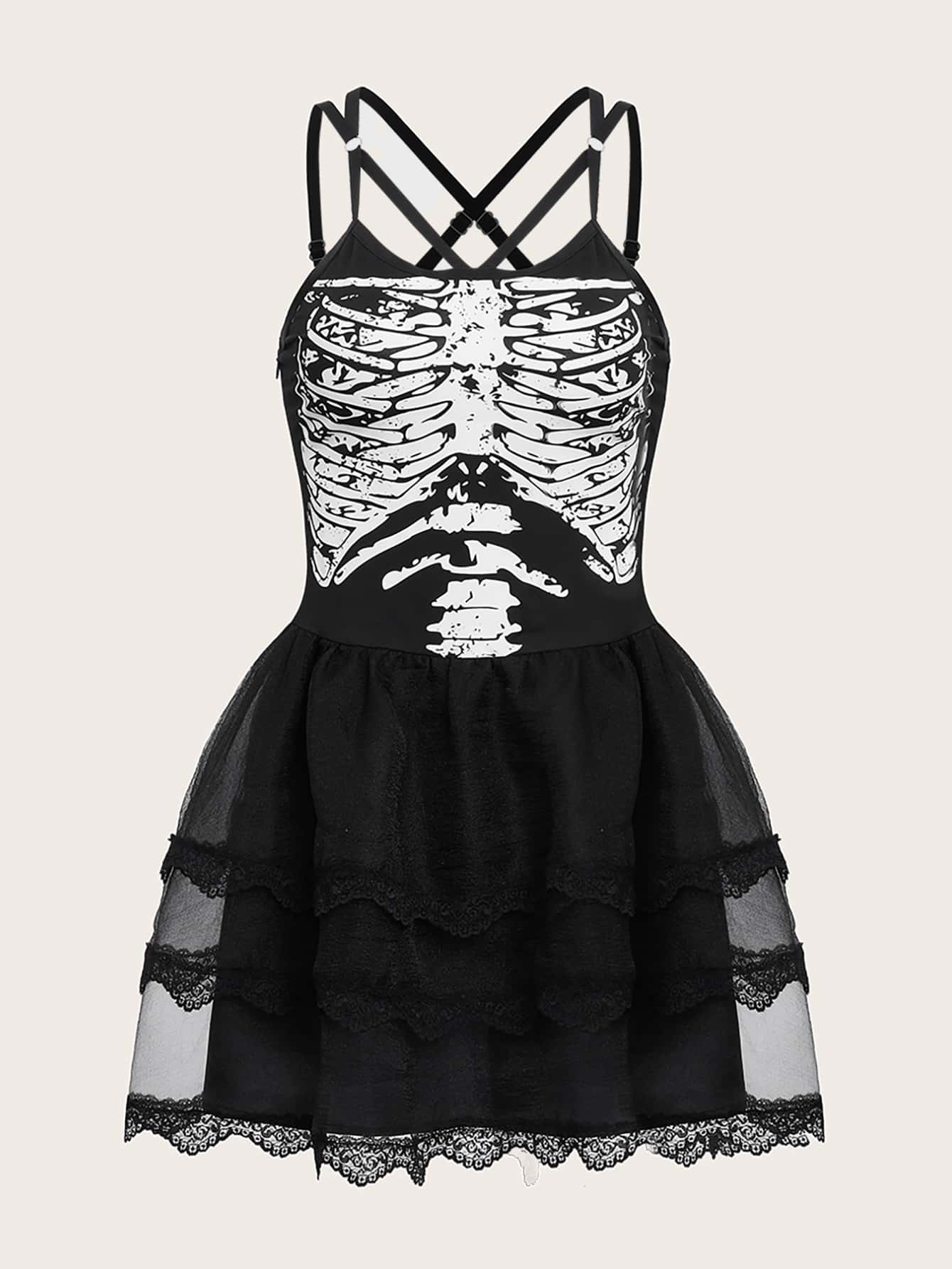 ROMWE PUNK Halloween Skeleton Print Contrast Mesh Cami Dress - Black - View 1