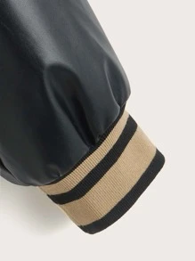 Muchica Figure & Letter Graphic Drop Shoulder Two Tone Varsity Jacket - Khaki - View 4