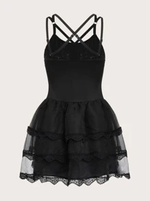 ROMWE PUNK Halloween Skeleton Print Contrast Mesh Cami Dress - Black - View 2