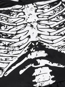 ROMWE PUNK Halloween Skeleton Print Contrast Mesh Cami Dress - Black - View 3