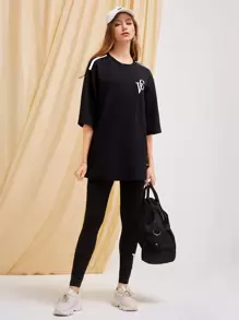 Mulvari Bộ đồ hai mảnh nữ Thêu Lá thư Giải trí - màu đen - Xem 1