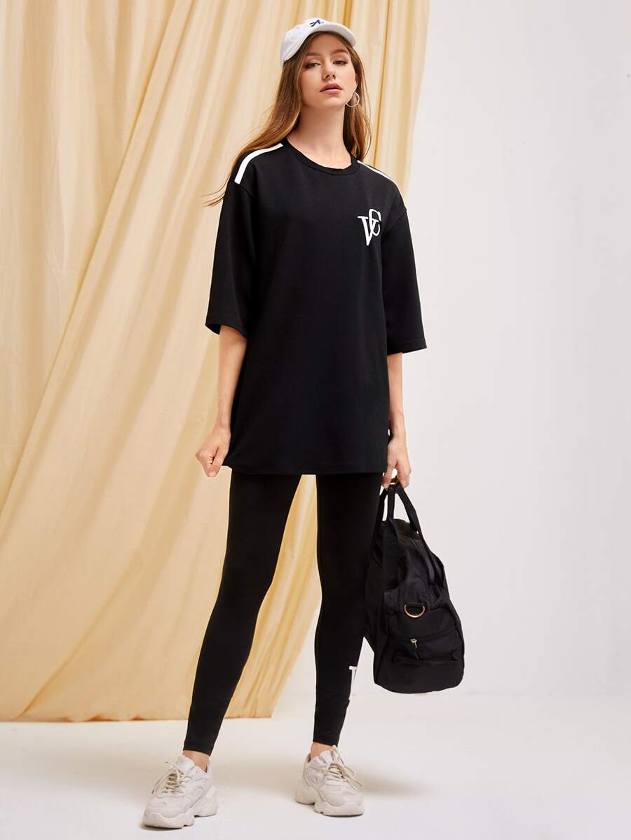 Mulvari Bộ đồ hai mảnh nữ Thêu Lá thư Giải trí - màu đen - Xem 1