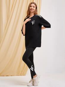 Mulvari Bộ đồ hai mảnh nữ Thêu Lá thư Giải trí - màu đen - Xem 4