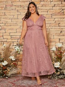 SHEIN Belle Plus Ruffle Sleeve Lace Bridesmaid Dress - Dusty Pink - View 1