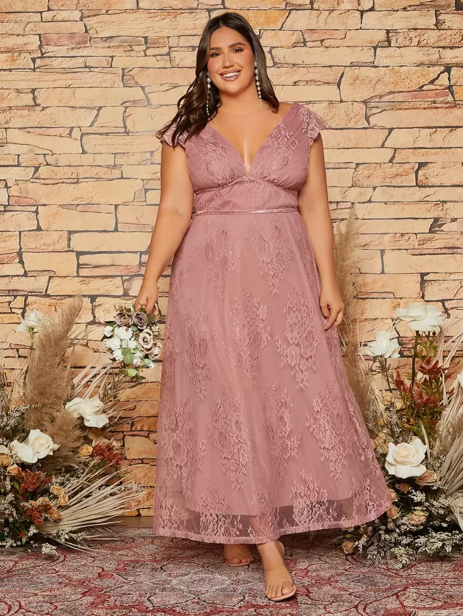SHEIN Belle Plus Ruffle Sleeve Lace Bridesmaid Dress - Dusty Pink - View 1