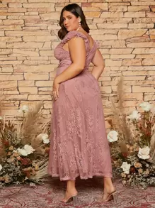 SHEIN Belle Plus Ruffle Sleeve Lace Bridesmaid Dress - Dusty Pink - View 2