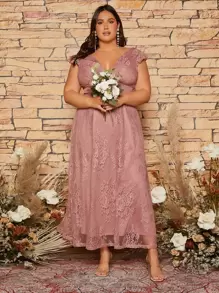 SHEIN Belle Plus Ruffle Sleeve Lace Bridesmaid Dress - Dusty Pink - View 5