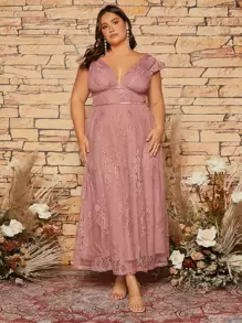 SHEIN Belle Plus Ruffle Sleeve Lace Bridesmaid Dress - Dusty Pink - View 6