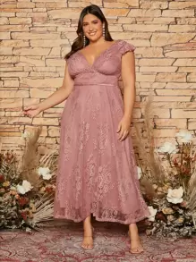 SHEIN Belle Plus Ruffle Sleeve Lace Bridesmaid Dress - Dusty Pink - View 3