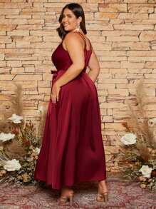 SHEIN Belle 勃艮第红色加褶饰缎带伴娘礼服