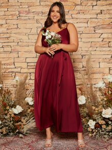 SHEIN Belle 勃艮第红色加褶饰缎带伴娘礼服