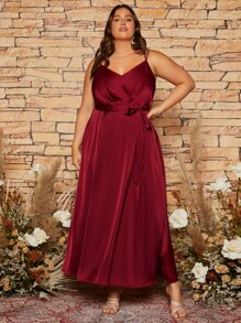 SHEIN Belle 勃艮第红色加褶饰缎带伴娘礼服