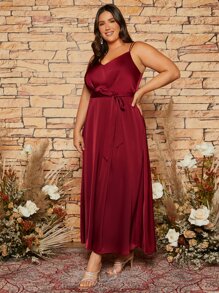 SHEIN Belle 勃艮第红色加褶饰缎带伴娘礼服