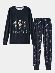 2pcs/Set Boys Snug Fit Sleepwear Spooky Glow-In-The-Dark Soccer Design Long Sleeve Shirt And Pajama Pants Set, Halloween Holidays Comfy Lounge Outfit - Black - View 3