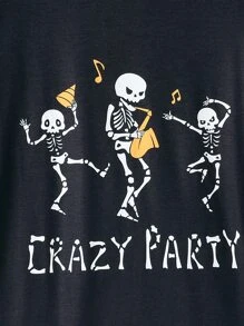 2pcs/Set Boys Snug Fit Sleepwear Spooky Glow-In-The-Dark Soccer Design Long Sleeve Shirt And Pajama Pants Set, Halloween Holidays Comfy Lounge Outfit - Black - View 4