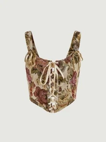 SHEIN MOD 花卉圖案提花繫帶背心上衣 - 彩色 - 查看 2