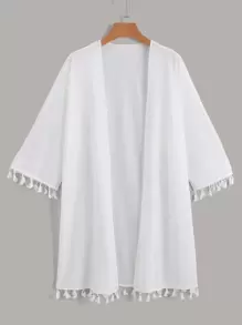 Swim Basics Summer Beach Tassel Decor Kimono - White - View 1