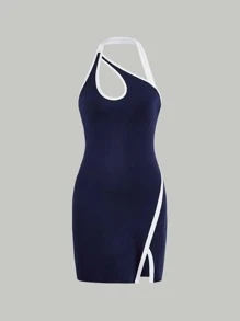 SHEIN MOD Đầm Bất đối xứng Cắt ra Chia Tương phản ràng buộc màu trơn Giải trí - Màu xanh hải quân - Xem 2