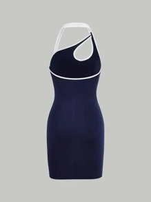 SHEIN MOD Đầm Bất đối xứng Cắt ra Chia Tương phản ràng buộc màu trơn Giải trí - Màu xanh hải quân - Xem 9