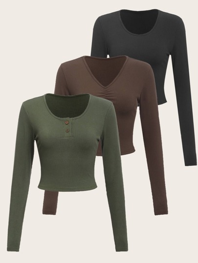 3 pezzi Maglietta corta monocolore decorazione bottoni