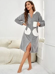 Bata de franela con capucha, hombros caídos y cremallera, de dos tonos, para otoño e invierno - Multicolor - Ver 1