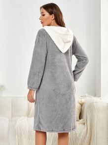 Bata de franela con capucha, hombros caídos y cremallera, de dos tonos, para otoño e invierno - Multicolor - Ver 2