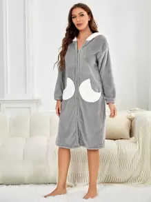 Bata de franela con capucha, hombros caídos y cremallera, de dos tonos, para otoño e invierno - Multicolor - Ver 3