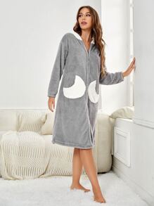 Bata de franela con capucha, hombros caídos y cremallera, de dos tonos, para otoño e invierno - Multicolor - Ver 5