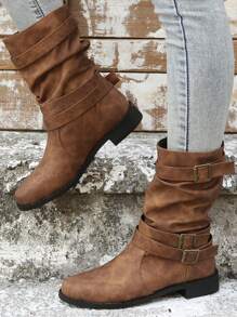 Buckle Decor Slouchy Boots - Brown - View 1