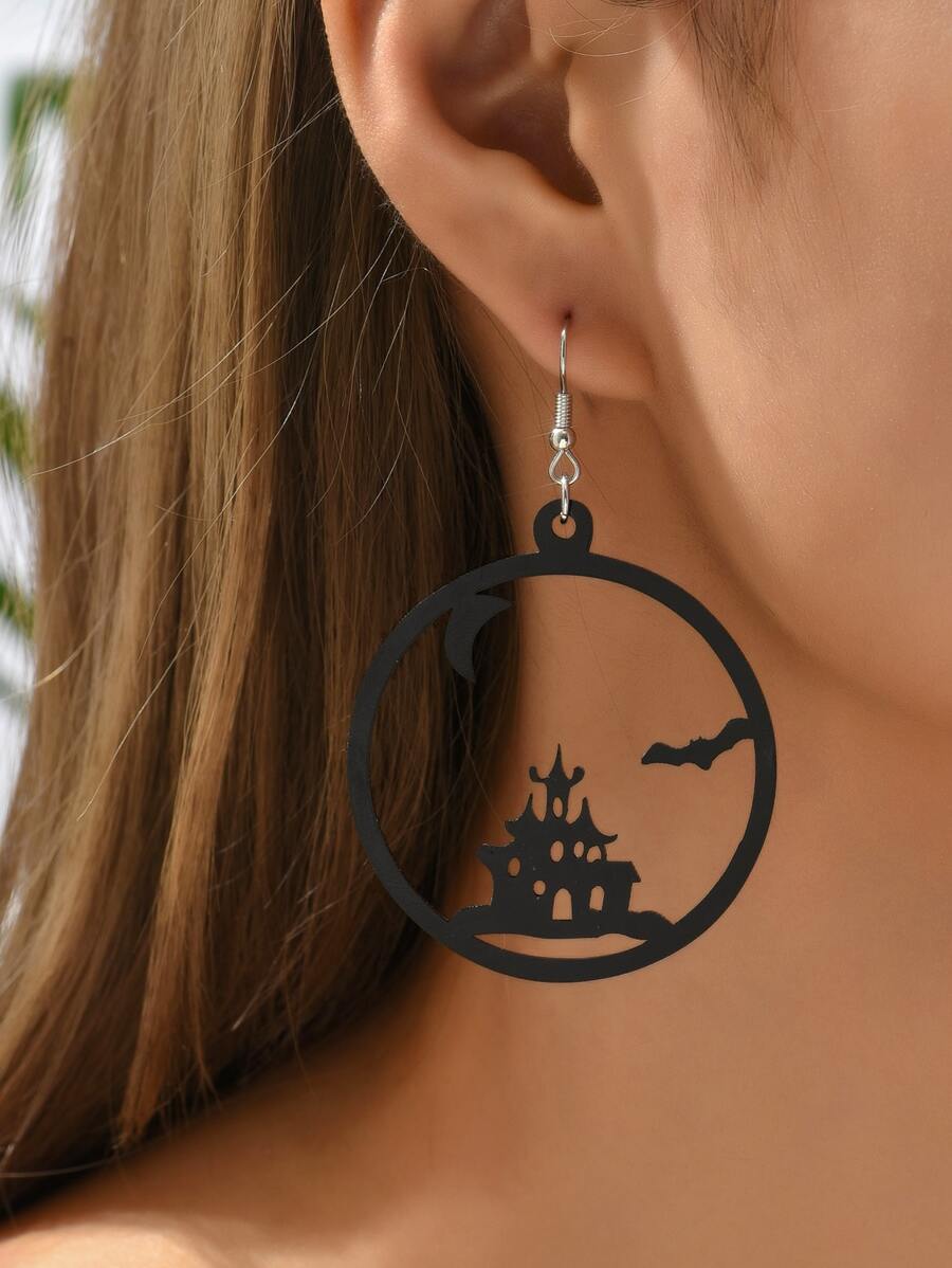 Halloween House & Bat Decor Circle Drop Earrings - Black - View 1
