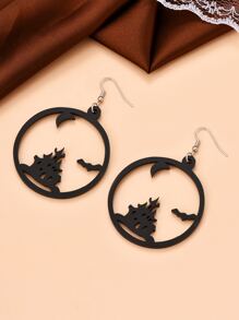 Halloween House & Bat Decor Circle Drop Earrings - Black - View 2
