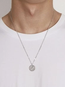 Fashionable and Popular Men Lion Detail Round Charm Necklace Copper for Jewelry Gift and for a Stylish Look - Silver - View 1