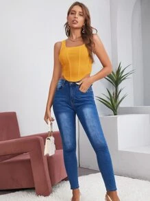 SHEIN BAE Áo hai dây Bất đối xứng màu trơn Giải trí - Màu vàng - Xem 4