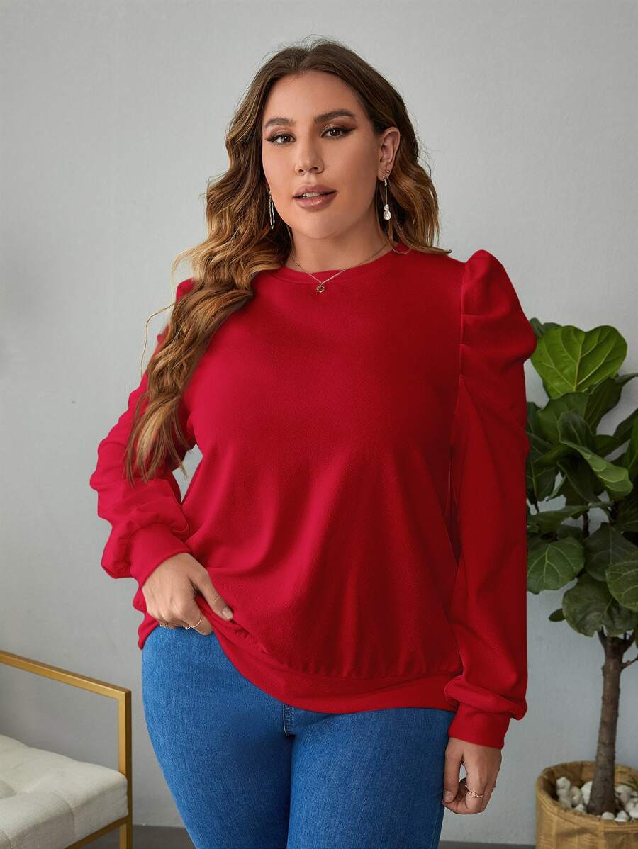 SHEIN Clasi Plus Solid Puff Sleeve Sweatshirt - Burgundy - View 1