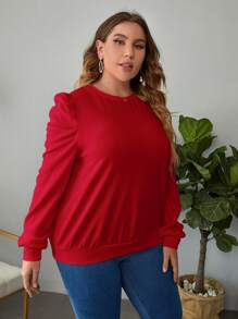 SHEIN Clasi Plus Solid Puff Sleeve Sweatshirt - Burgundy - View 3