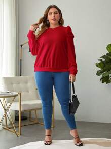 SHEIN Clasi Plus Solid Puff Sleeve Sweatshirt - Burgundy - View 4