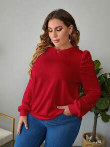 SHEIN Clasi Plus Solid Puff Sleeve Sweatshirt - Burgundy - View 5