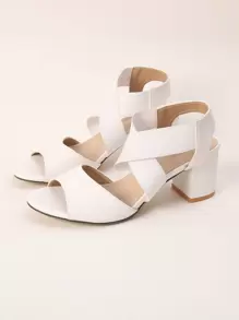白色优雅纯色踝带高跟凉鞋，交叉粗跟露跟凉鞋，适合女士春夏穿搭 - 白色 - 查看 5