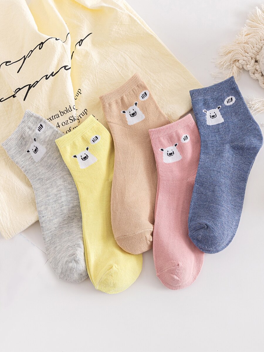 新款女士純色可愛中筒襪,5雙裝 - 彩色 - 查看 1