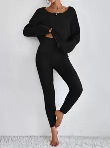 SHEIN Essnce 落肩袖條紋針織上衣和緊身褲