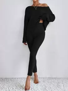 SHEIN Essnce 落肩袖條紋針織上衣和緊身褲