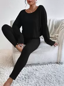 SHEIN Essnce 落肩袖條紋針織上衣和緊身褲