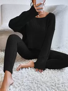 SHEIN Essnce 落肩袖條紋針織上衣和緊身褲