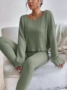 SHEIN Essnce Pantalones con top tejido de canalé de hombros caídos - verde menta - Ver 1