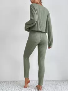 SHEIN Essnce Pantalones con top tejido de canalé de hombros caídos - verde menta - Ver 2